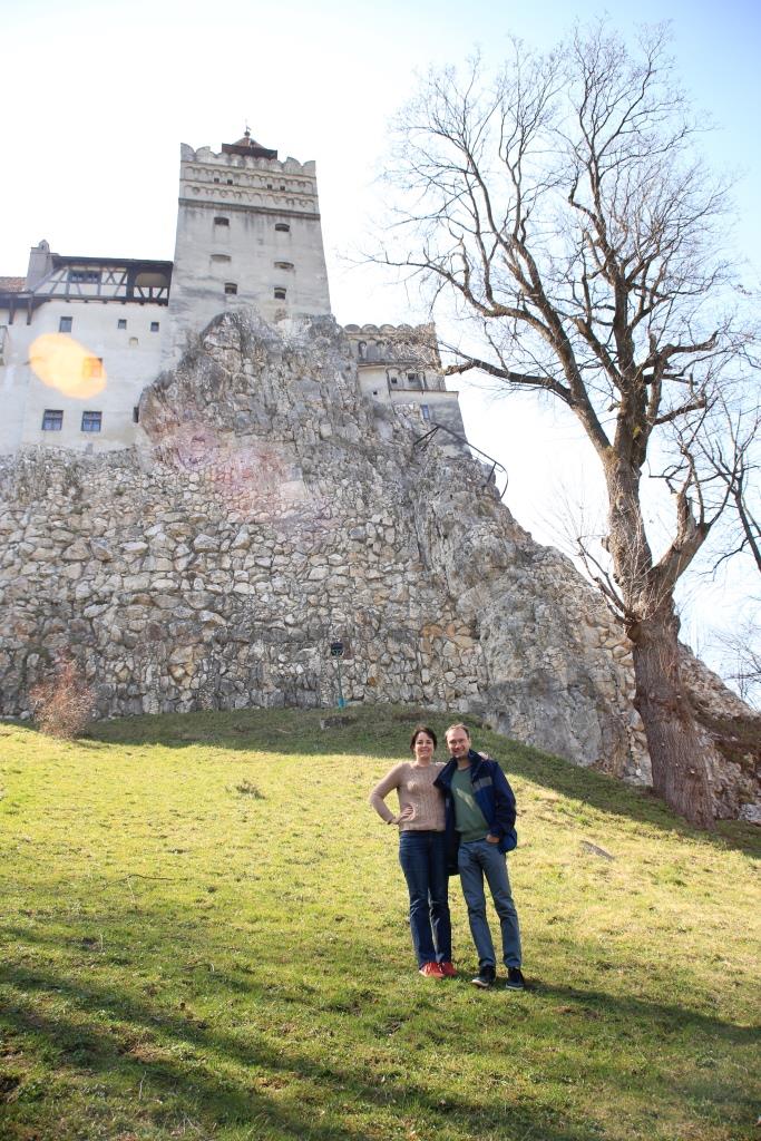 Professors Jane and Derek Bambauer at Dracula's castle in Transylvania.